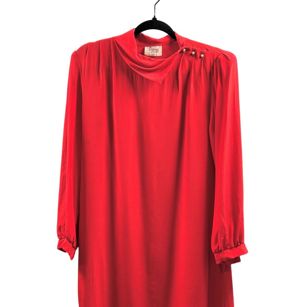 Vintage 80s SILK Elegant Red Cowl Neck Shift Dress Minimalist Old Money 7/8 - Picture 6 of 10